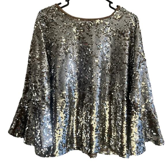 Bold Elements silver sequins top 3/4 length bell sleeves Large - Picture 1 of 10